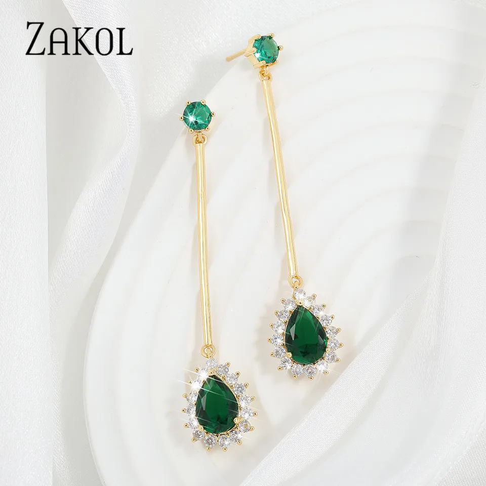 ZAKOL New Green Water Drop Shape Dangle Earrings For Women Exquisite Long Tassel Earring Engagement Wedding Party Jewelry