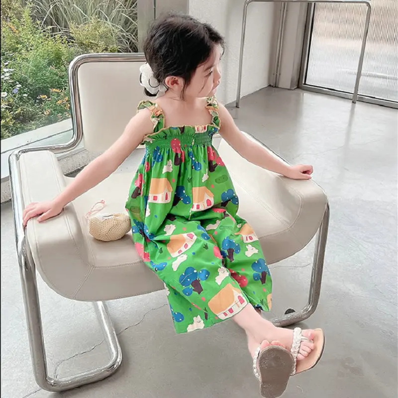 Summer Baby and Girls All-Over Printed Pleated Elastic Suspender Bodysuits Kids Strapped Jumpsuits Child Overalls Outfits 2-8 Yr