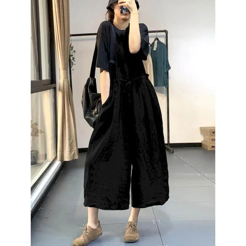 Linen Jumpsuits for Women Loose Waist Drawstring Playsuits Safari Style One Piece Outfit Women Casual Cropped Wide Leg Pants