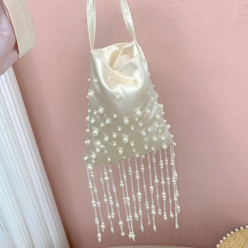 

Silk Women Bucket Bag Luxury Handmade Bead Pearl Bag Party Handbag Custom Name Multiple Lady Shoulder Bag
