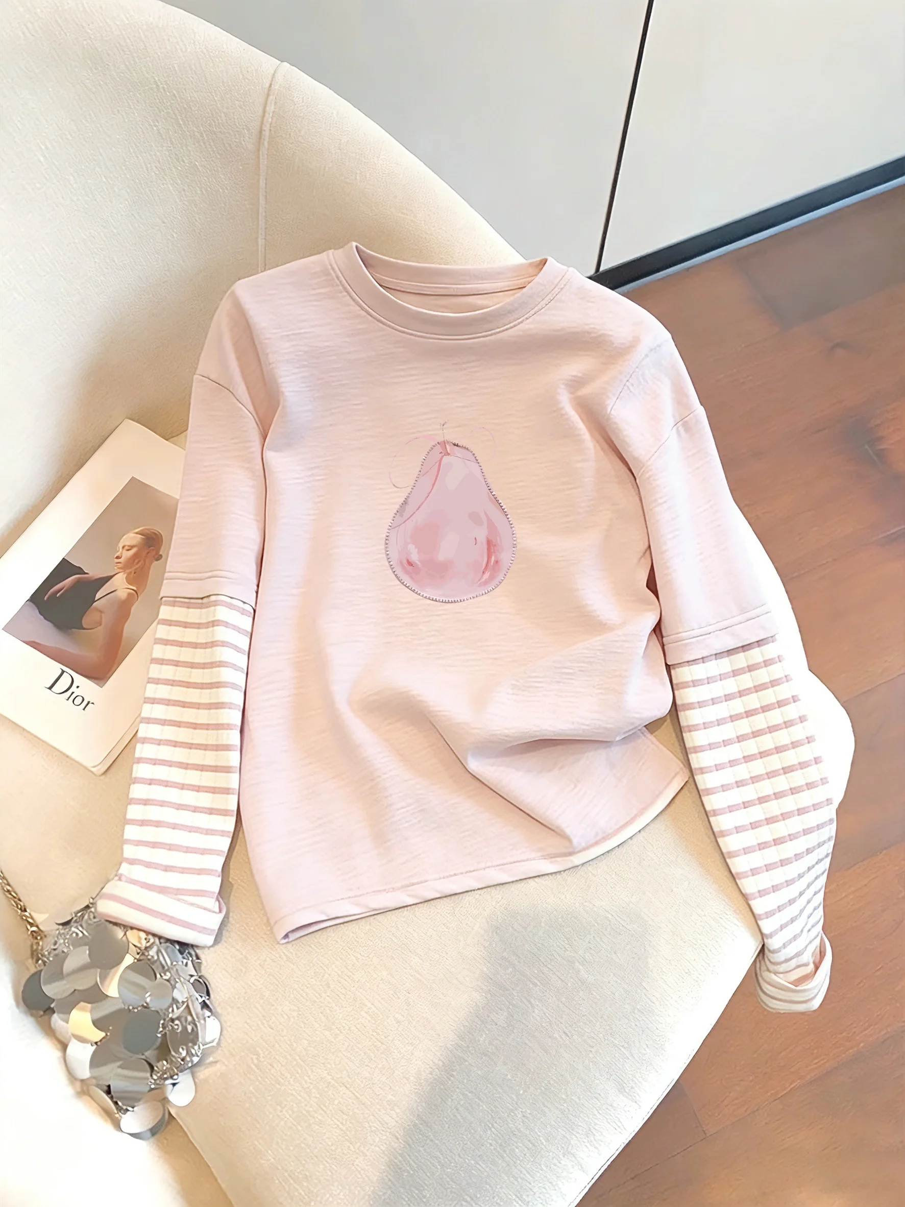 

Sweet Pink Striped Splicing Print Long Sleeve T-Shirt Unisex Spring Autumn Loose Versatile Slimming Top Casual Style Creative...