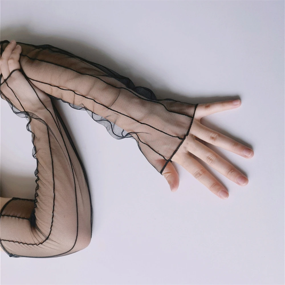 ถุงมือผู้หญิงแบบยืดหยุ่น 1 คู่ สำหรับขับรถ แบบยาว ไม่มีนิ้ว ลายตาข่าย ป้องกันแสงแดดในฤดูร้อน ถุงมือลูกไม้