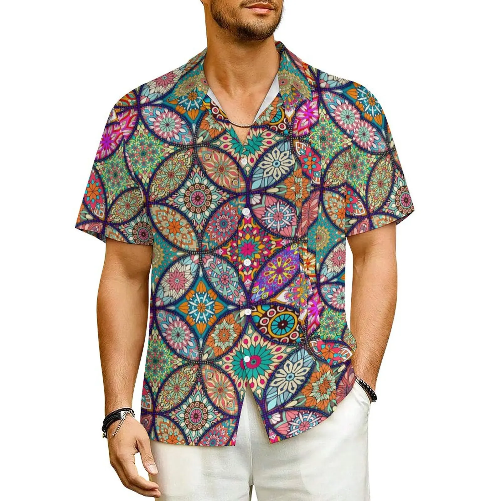 

Hawaii Shirt Beach Floral Mandala Blouses Vintage Print Vintage Casual Shirts Male Short-Sleeve Harajuku Oversized Top