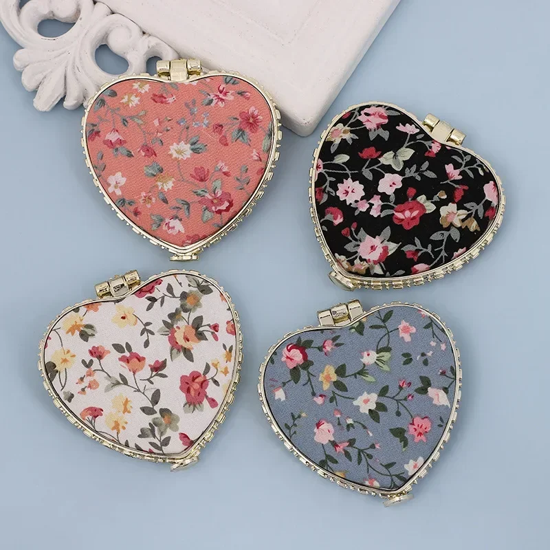 Vintage Foldable Makeup Mirror Mini Heart Round Makeup Mirrors Portable Hand Mirrors Compact Mirror Pocket Cosmetic Mirrorr