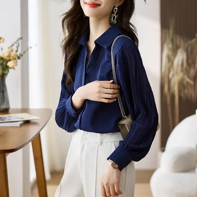 Navy Blue Professional Outfit Patchwork Polo Collar Chiffon Shirt for Women Fashionable and Beautiful Temperament Base Shirt