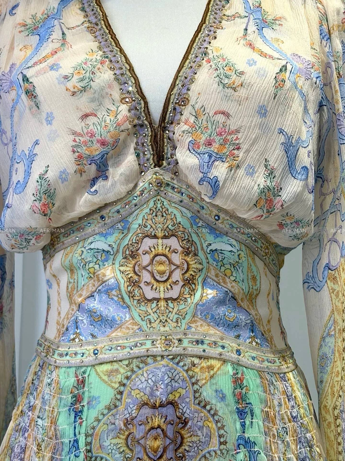 المرأة الخامس الرقبة كريستال مطرز مضيئة كم طويل زهرة طباعة عطلة ارتداء فستان ماكسي طويل الحرير #3