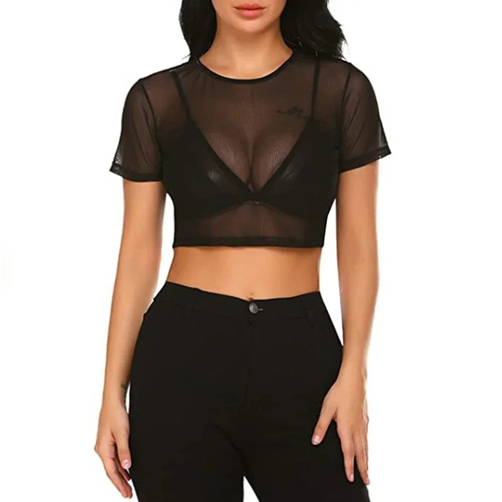Short Sleeved Half Length Shirt Girls Stretch Mesh Dance T-shirt Transparent Top Women High Street Blouses Ladies Tops Clothes