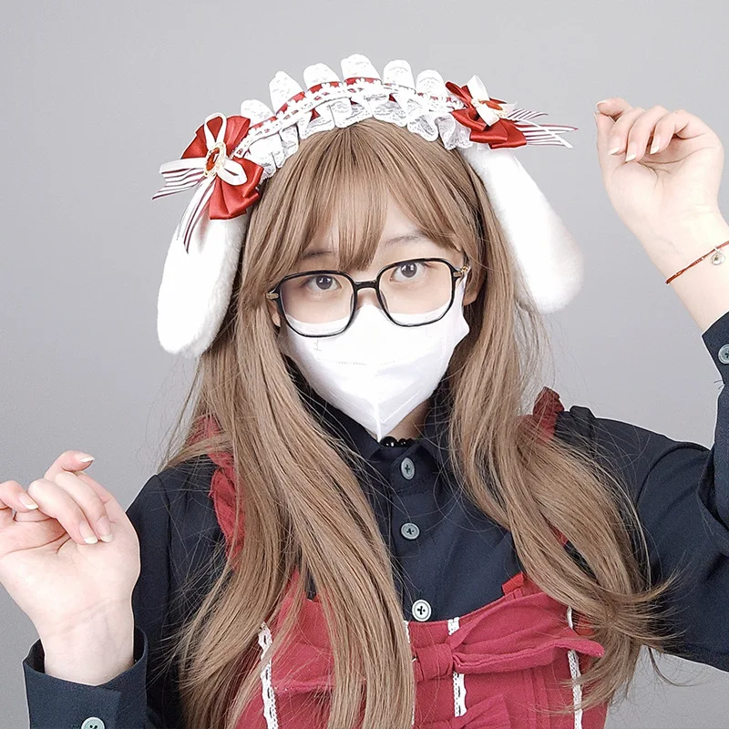 사랑스러운 활 레이스 토끼 귀 머리 장식 일본 로리타 액세서리 카와이 소녀 코스프레 파티 소품 할로윈 프릴 JK KC 머리 장식