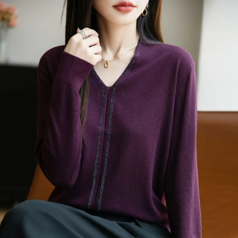 

Hot Diamond French Long-sleeved Sweater for Women V-neck Bottoming New Style Foreign Style Warm
