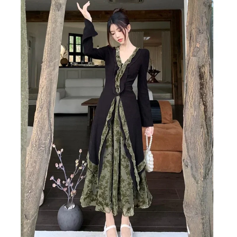 Primavera outono feminino estilo chinês retro preto plissado cardigan saias 2 peça conjunto senhora graciosa magro casaco longo saia floral ternos