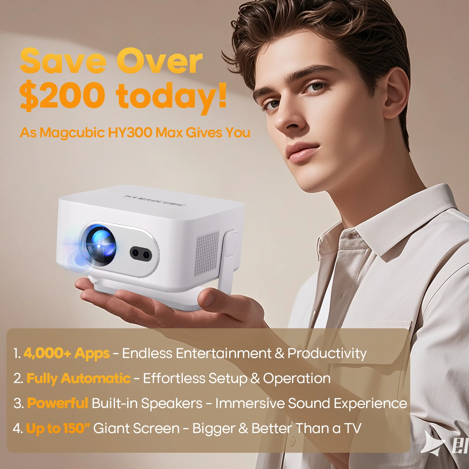 Magcubic HY300Max 400ANSI 8K Native 720P Autofokus Android 14 Projektor mit Wifi6 BT5.4 Allwinner H726 Tragbarer Outdoor-Projektor – Detail 2