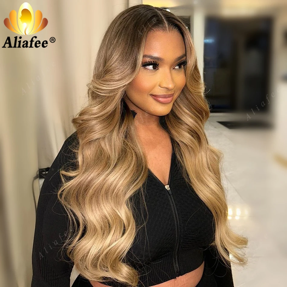 Dark Brown Root Body Wave Wig 180% Preplucked 13X6 Lace Frontal Human Hair Wigs Ombre Blonde 13X4 Body Wave Wig for Women