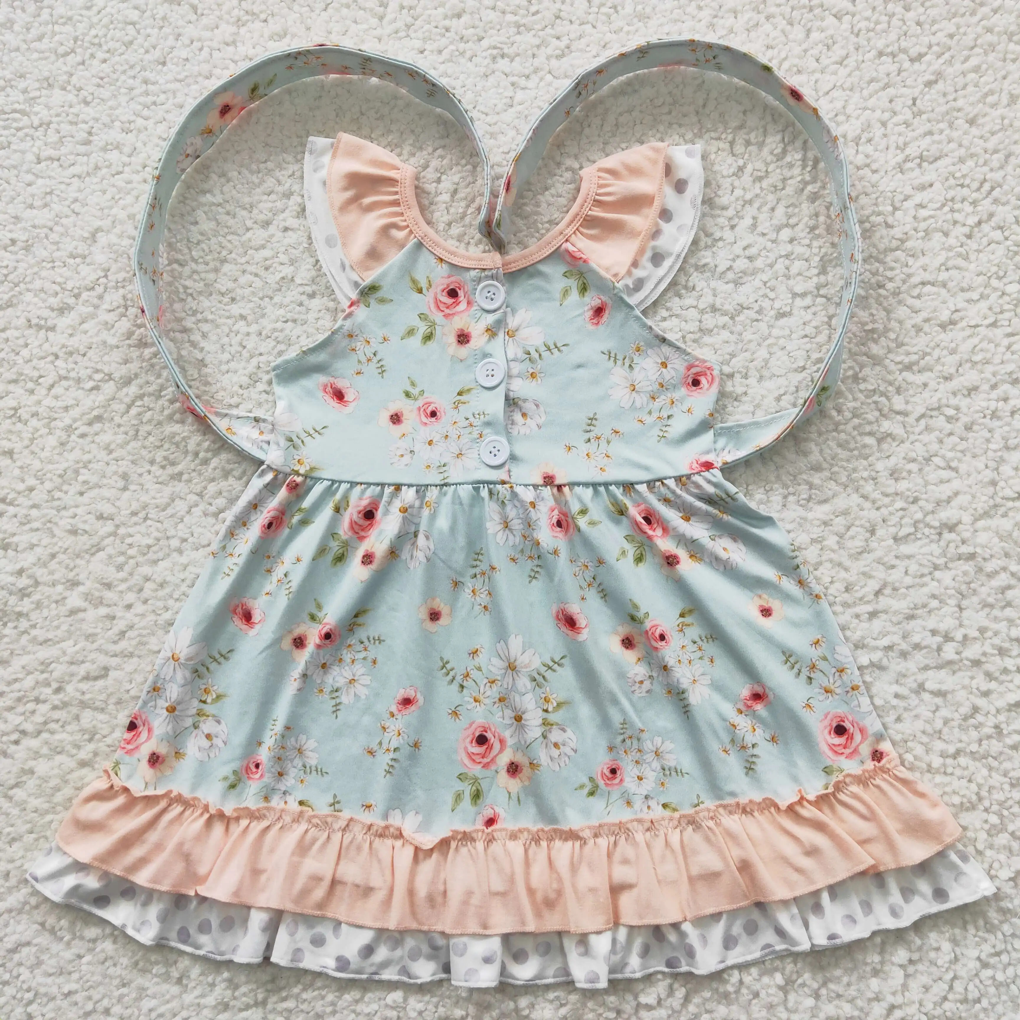 

z99-04 GSD0308 Wholesale girls dresses Pink Flower Green Flying Sleeve Dress For baby girls clothes Western Boutique Clothing