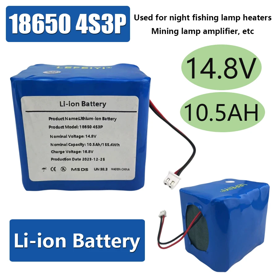 

4S3P 14.8V/16.8V 10500mAh 18650 Li-iom Battery Pack with 5A BMS for Night Fishing Lamp Heater Miner's Lamp Amplifier Etc