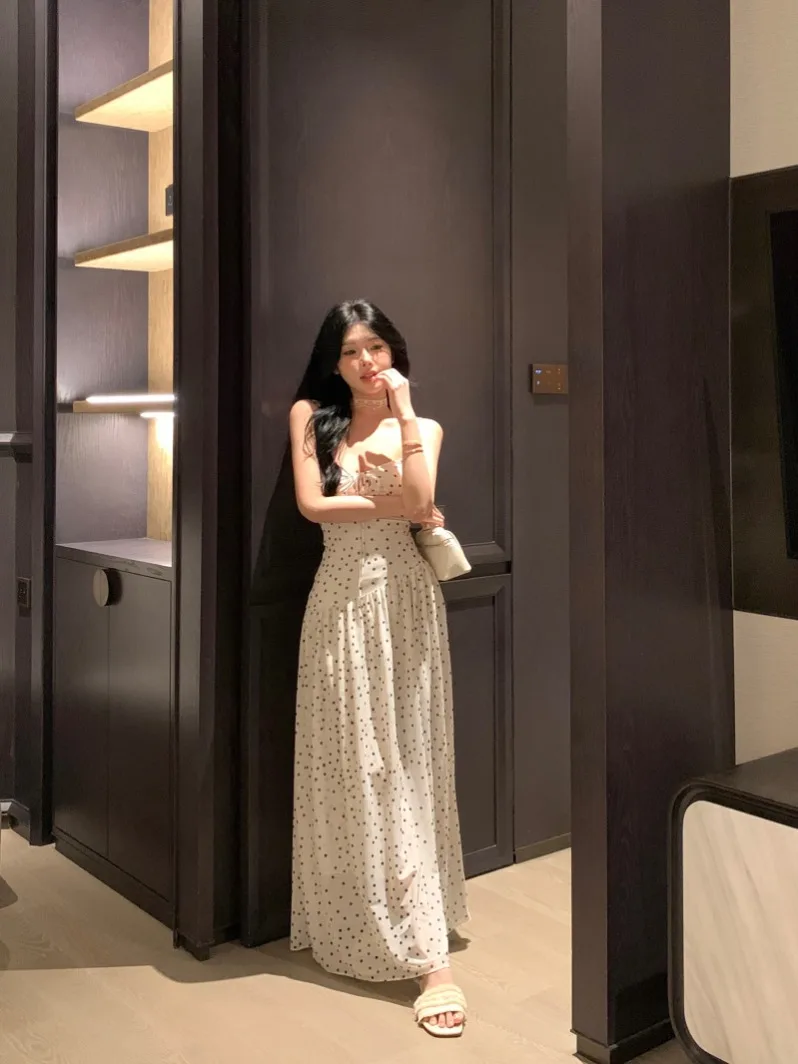 فساتين نسائية أنيقة بدون أكمام صيفية رايون بحمالات هالترنيك متقاطعة بدون خصر منقوشة اتجاه الشارع Ulzzang OL #4