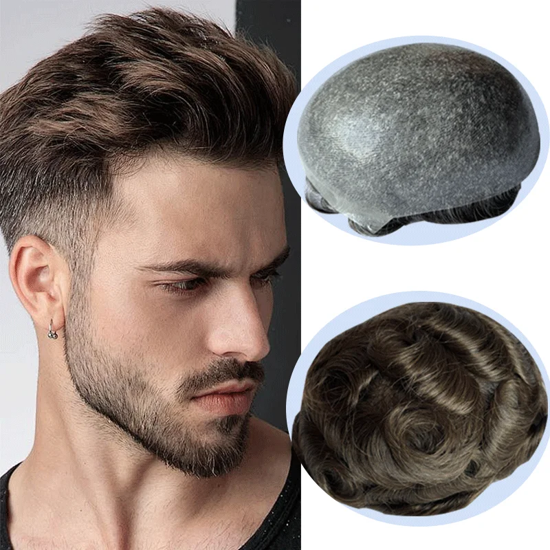 Peluquín de cabello Natural, reemplazo de cabello humano, peluca corta de PU para hombres, postizos de piel súper fino, Base, colores negros, marrones y rubios, superventas