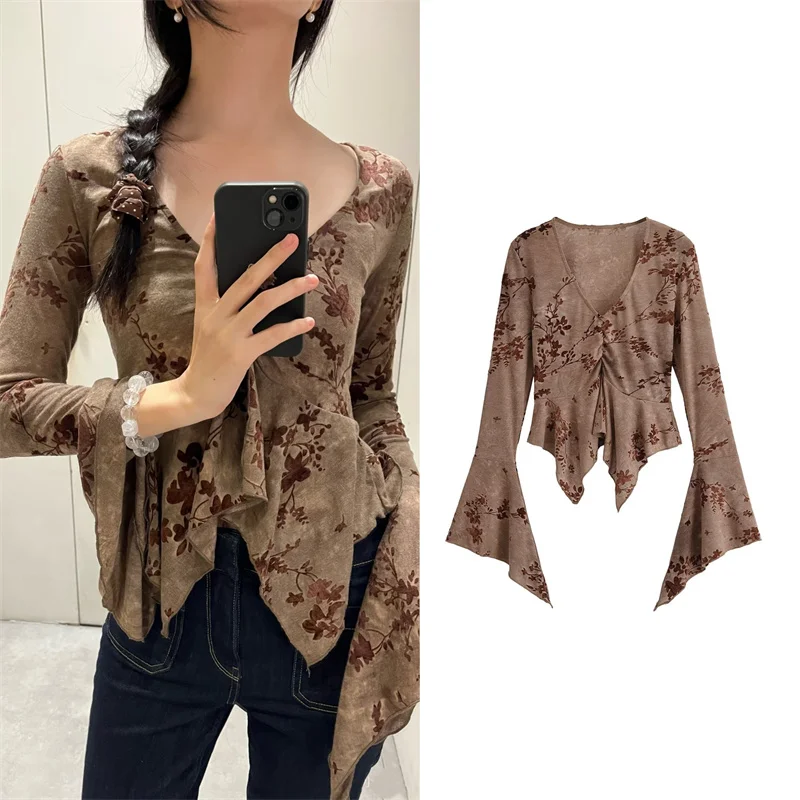 Guobioziy Women's Top 2026 Early Autumn New Fashion Casual Long Sleeve V-Neck Asymmetrical Floral Waist-Cinching Slim Fit Top