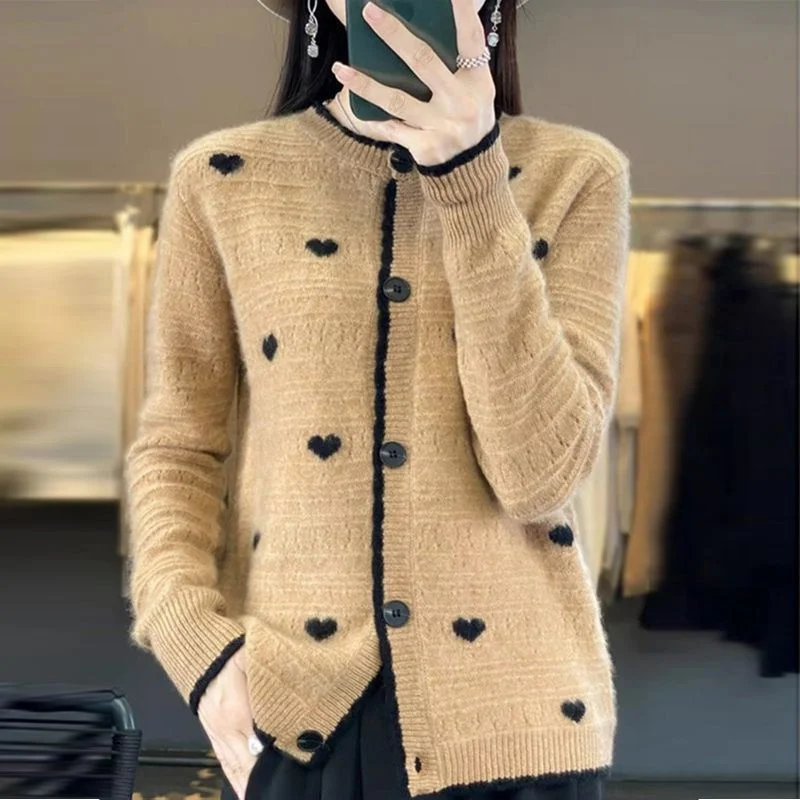 

Nice Knit Cardigans Sweaters Coat for Women Spring Autumn 2025 New Fashion Love Color Block Knitwear Female Outerwear Top