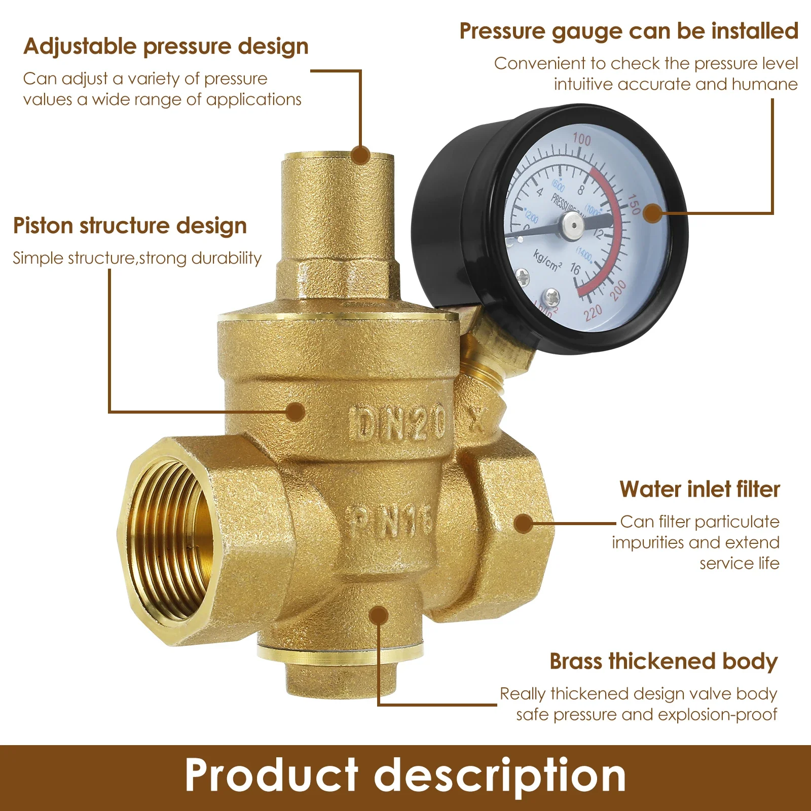Water Pressure Reducer 3/4inch DN20 Brass Water Pressure Regulator Valve 1/2inch DN15 Adjustable Pressure Reducer Pressure Gauge