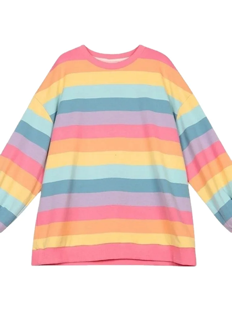 Top Y2k para mujer, camisetas de gran tamaño a rayas de arcoíris rosa, camisa de manga larga con cuello redondo para niña, camisetas dulces de estilo coreano para mujer