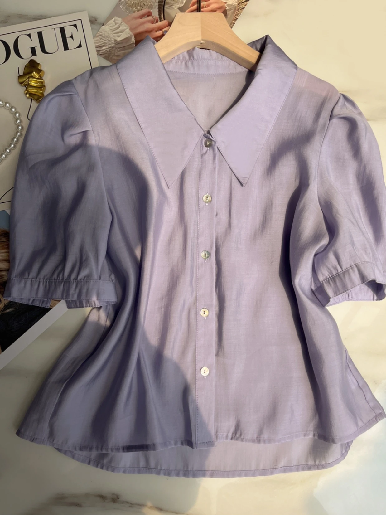 New Summer Girlish Rayon Turn-down Collar Crop Tops Puff Sleeves Simplicity Solid Color Comfortable Prairie Chic Shirts Blouses