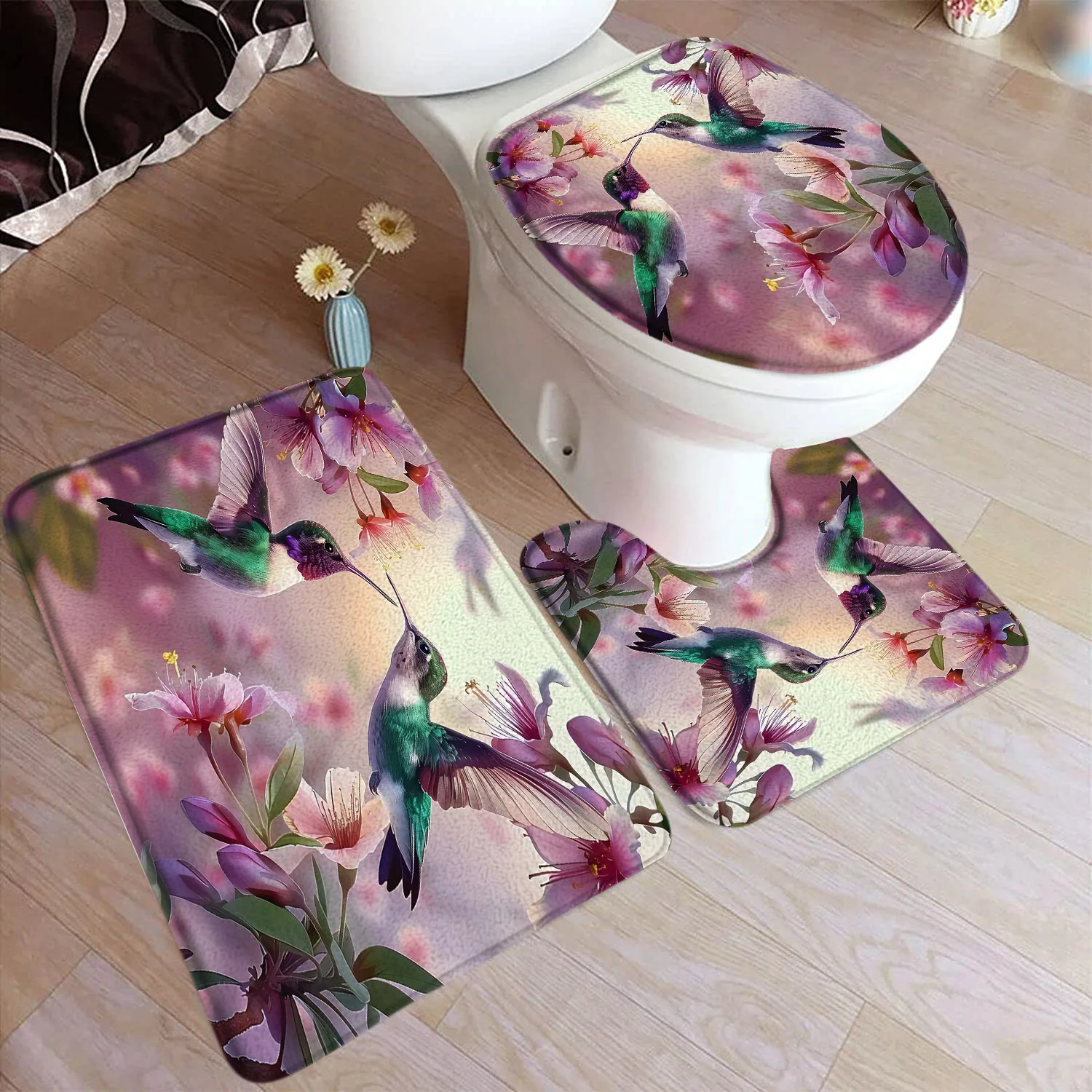 Hummingbird Bath Mat Set Rustic Pink Flowers Plants Birds Nature Scenery Home Carpet Bathroom Decor Floor Rugs Toilet Lid Cover