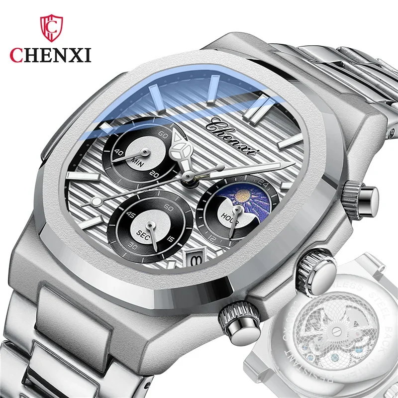 CHENXI 0092 mode montres à Quartz pour hommes créatif Phase de lune luxe cadran lumineux avec chronographe horloge mâle décontracté