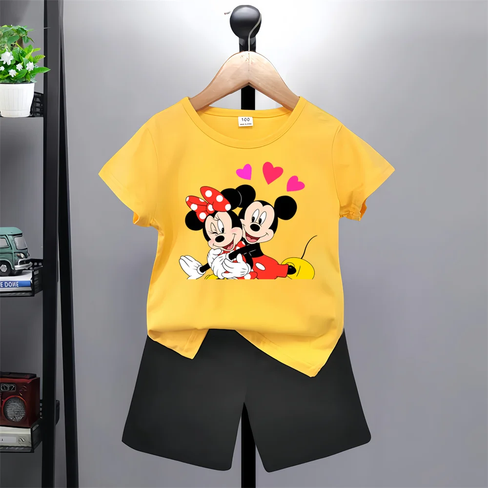 New Disney Mickey Mouse Short Sleeve Shorts Set Boys Girls Kids Sweatshirt cartoon top casual promotional clothing 100-160