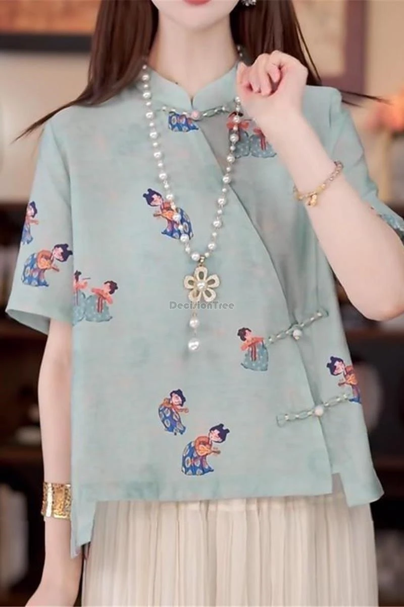 

2025 chinese retro style stand collar short-sleeved printed cheongsam top women summer elegant loose style tang suit qipao top