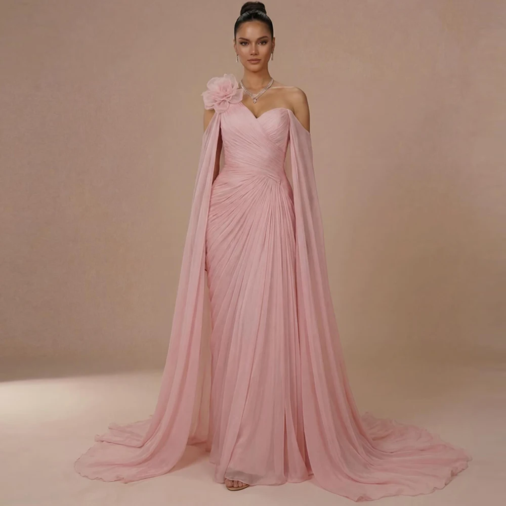 

Classic One Shoulder Chiffon Evening Dress Simple Watteau Train Customized Celebrity Gowns Delicate 3D Flowers Party Dresses