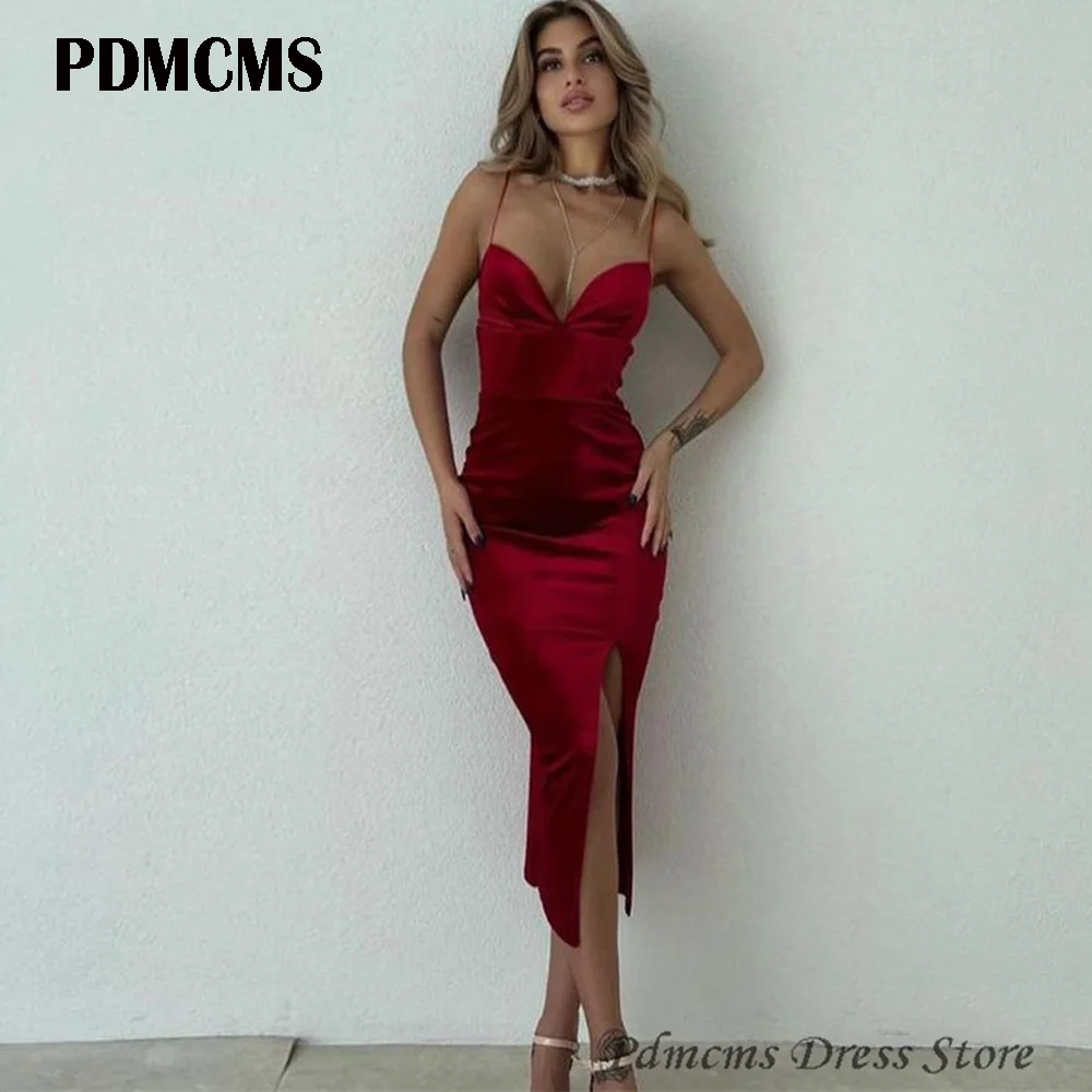 

PDMCMS Sexy Red Velvet Evening Dresses Sleeveless V Neck Party Formal Evening Gowns Spaghetti Straps Side Split Robe De Soirée