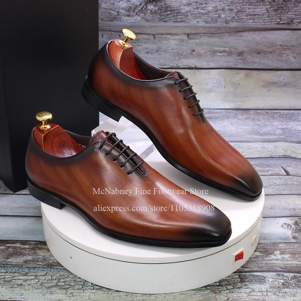 Texture Gradient Leather Lace up Wholecut Oxford Shoes Square Toe Classic Formal Shoes Wedding Business Gentlemen Dress Shoes