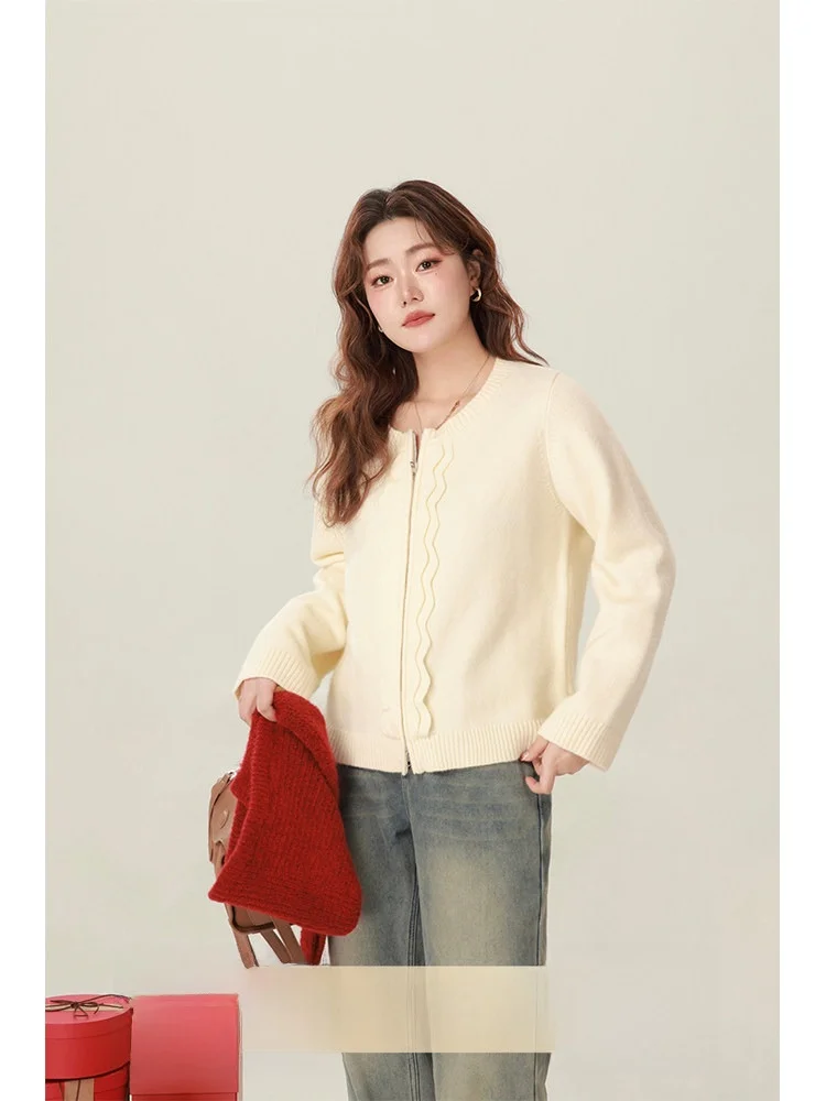 

Korean Sle plus Size Knitted Zipper Women's Outerwear Casual Loose Fit Long Sve Mid-Length Single Piece Spring Faion