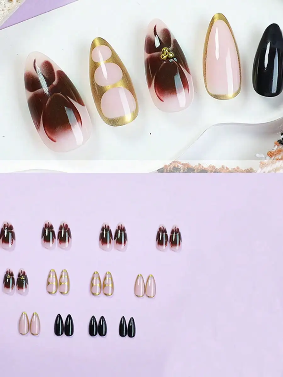24 قطعة من أظافر اللوز المتوسطة على الأظافر باللون البني والذهبي، غطاء كامل للأظافر الصناعية للنساء والفتيات #2
