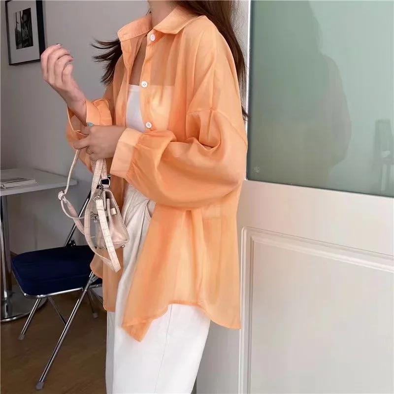 Shirt for Women Blouse Long Sleeve Top Chiffon Summer Simple Sun-proof Fashion All-match Basic Korean Sexy Solid Casual Shirt