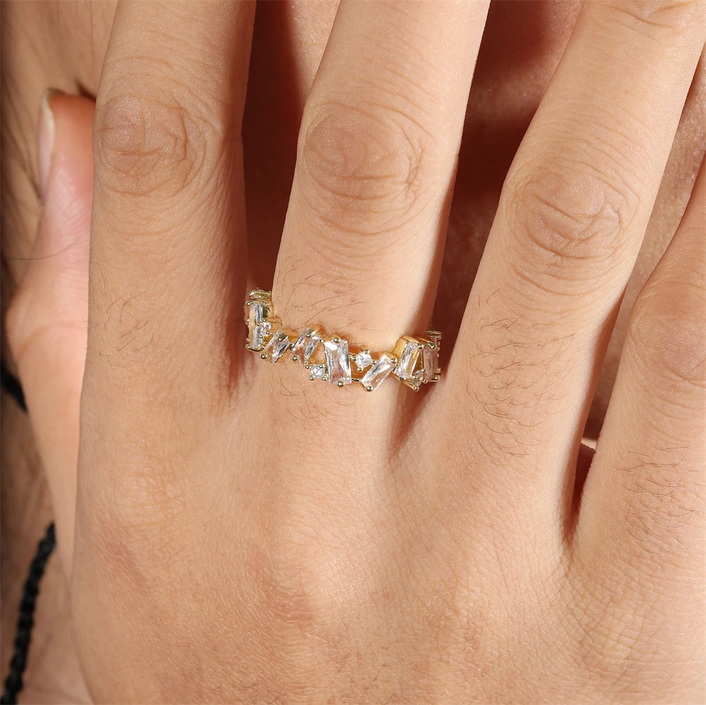 ZAKOL Fashion Luxury Multicolor Charm AAA Baguette Cubic Zirconia Wedding Rings for Women T Shape Stone Party Jewelry RP5083