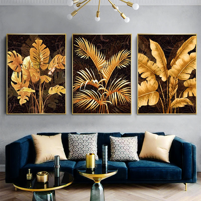 

3Pcs/Set Abstract Golden Plant Leaf Canvas Poster Wall Art Painting Print Picture Modern Room Living Room Decorative Painting