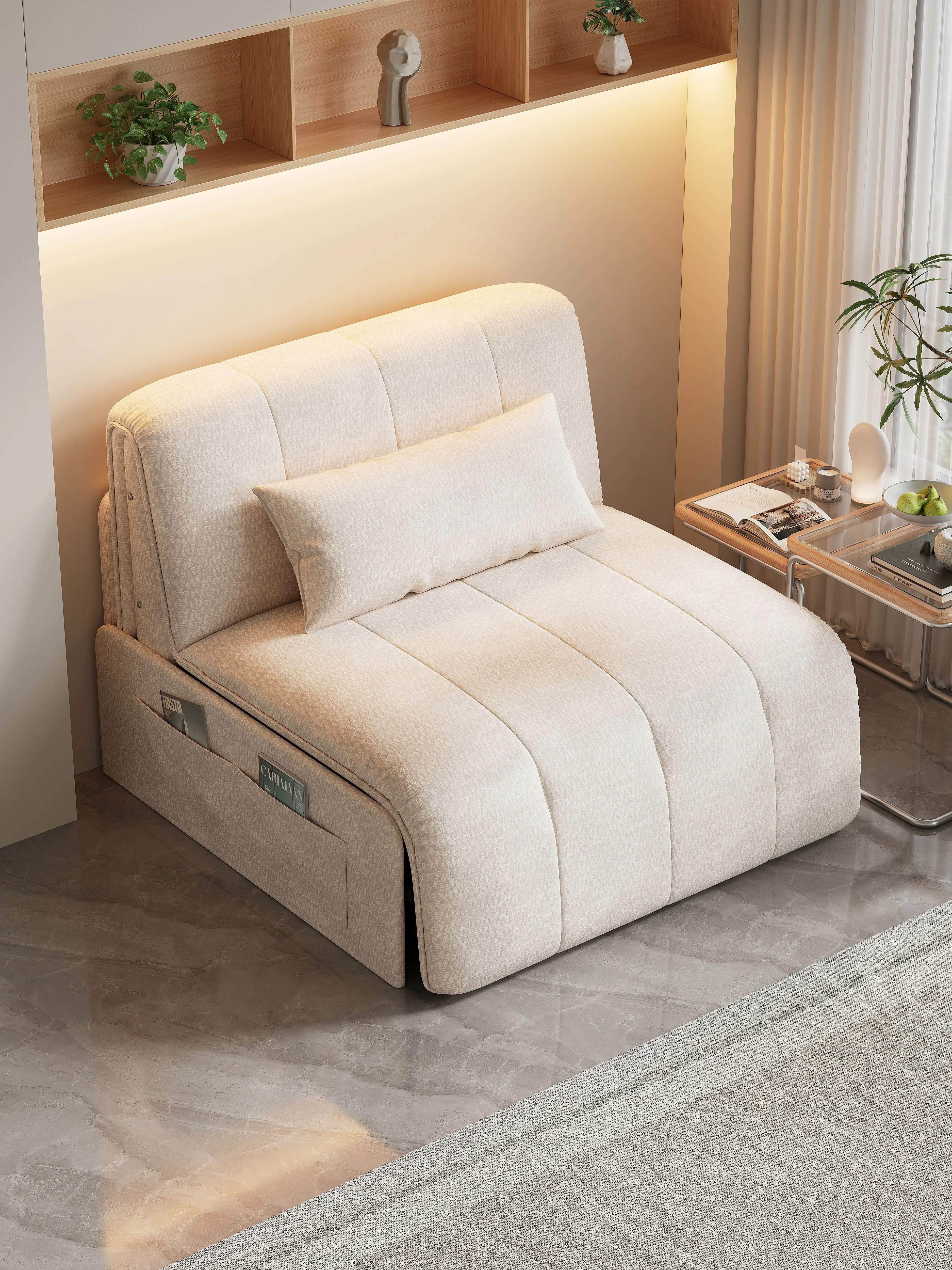 #Modern Linen Leather Single Sleeper Sofa Chair Convertible Bed for Apartment Living Room or Study Metal Frame