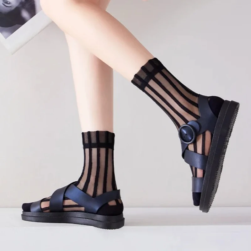 Striped Summer Thin Socks Women Breathable Transparent Crystal Silk Socks Korean Style Harajuku Streetwear Nylon High Long Socks