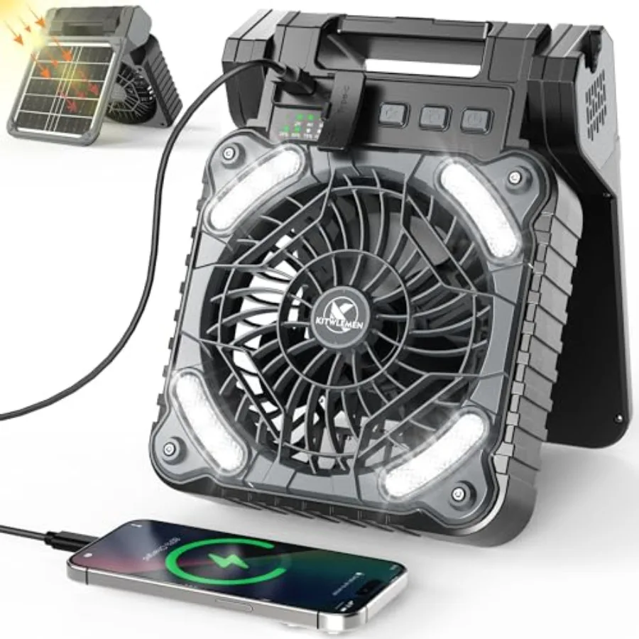 

Solar Camping Fan with Lantern - Rechargeable Battery Operated Fan 18H Run Time Max 4 Speeds 8H Timer 90° Adjustable Portable D