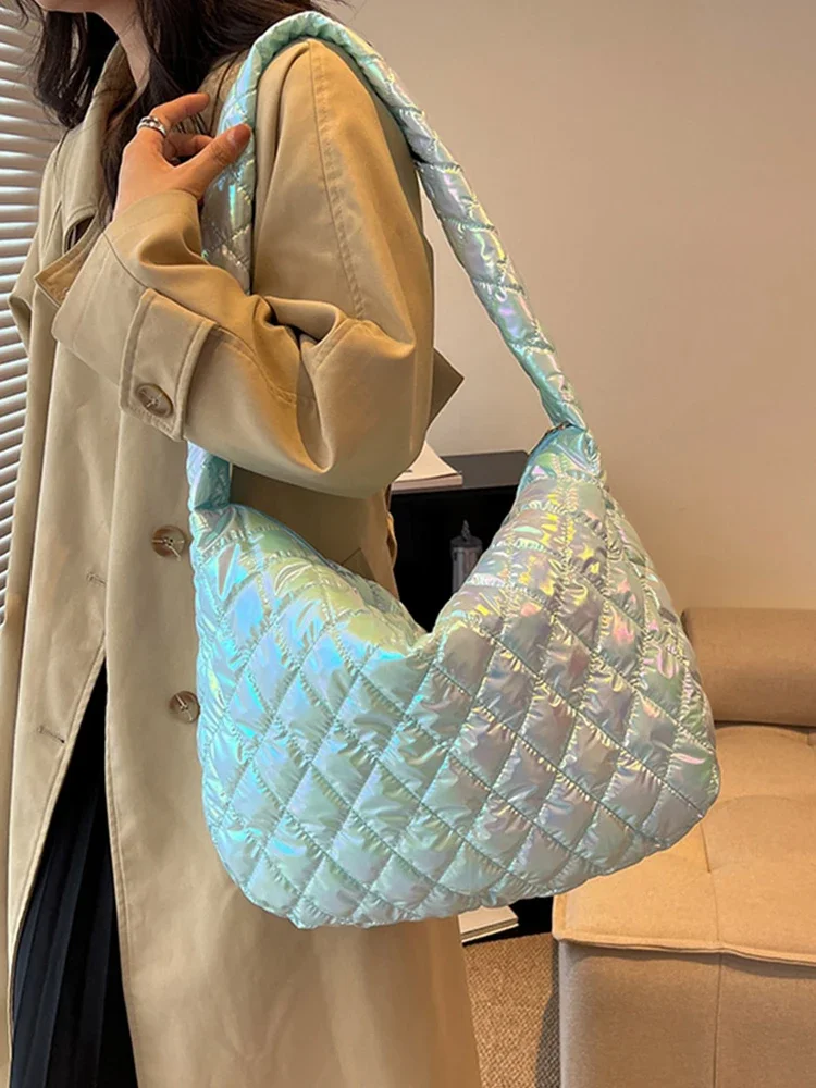 Tote Bag da donna imbottita in cotone borse da donna di grande capacità modello rombo multicolore Laser per lavoro di viaggio per la vita quotidiana