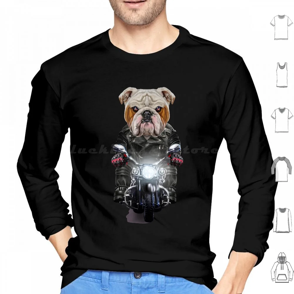 English Bulldog Riding Motorcycle 1761 Hoodies Long Sleeve Funny Animals Cute Turtle Retro Vintage Nature Flowers Death