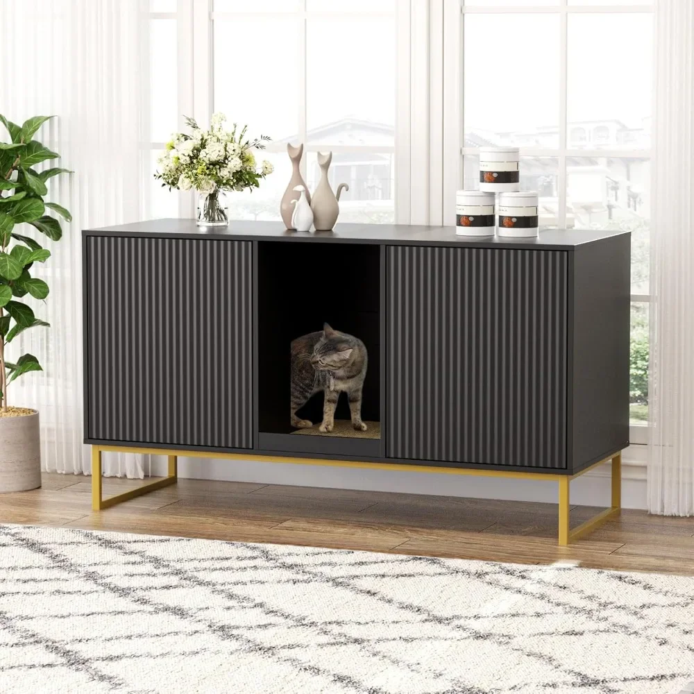 

Double Litter Box Enclosure, Hidden Litter Box Furniture for 2 Cats, Large Enclosed Cat Cabinet with Scratch Pad and Metal Legs