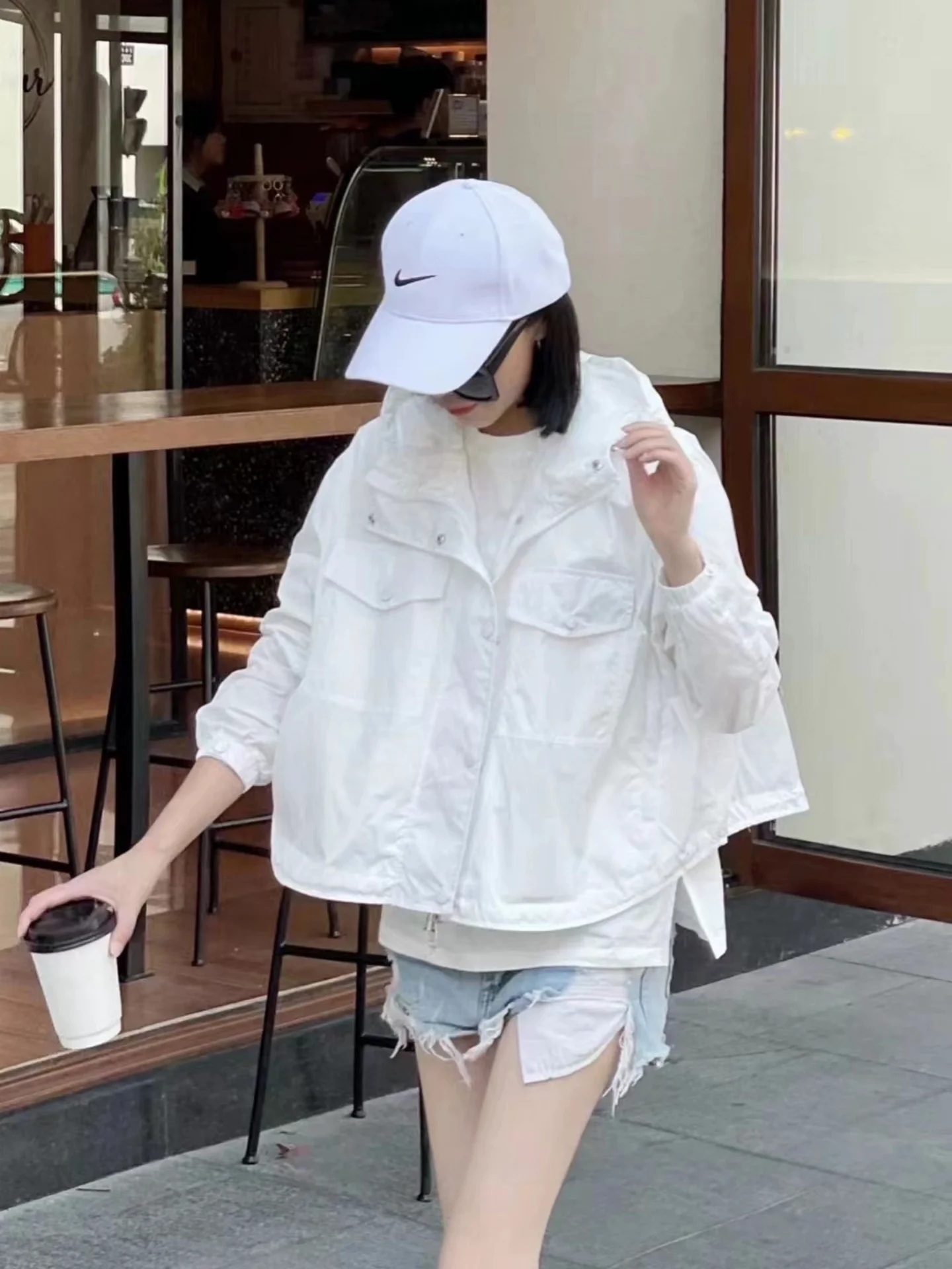 Lightweight Batwing Casual Jacket Women's Short Coat Pocket Functional Sunscreen Clothing Breathable Long Sleeve Polyester Fiber