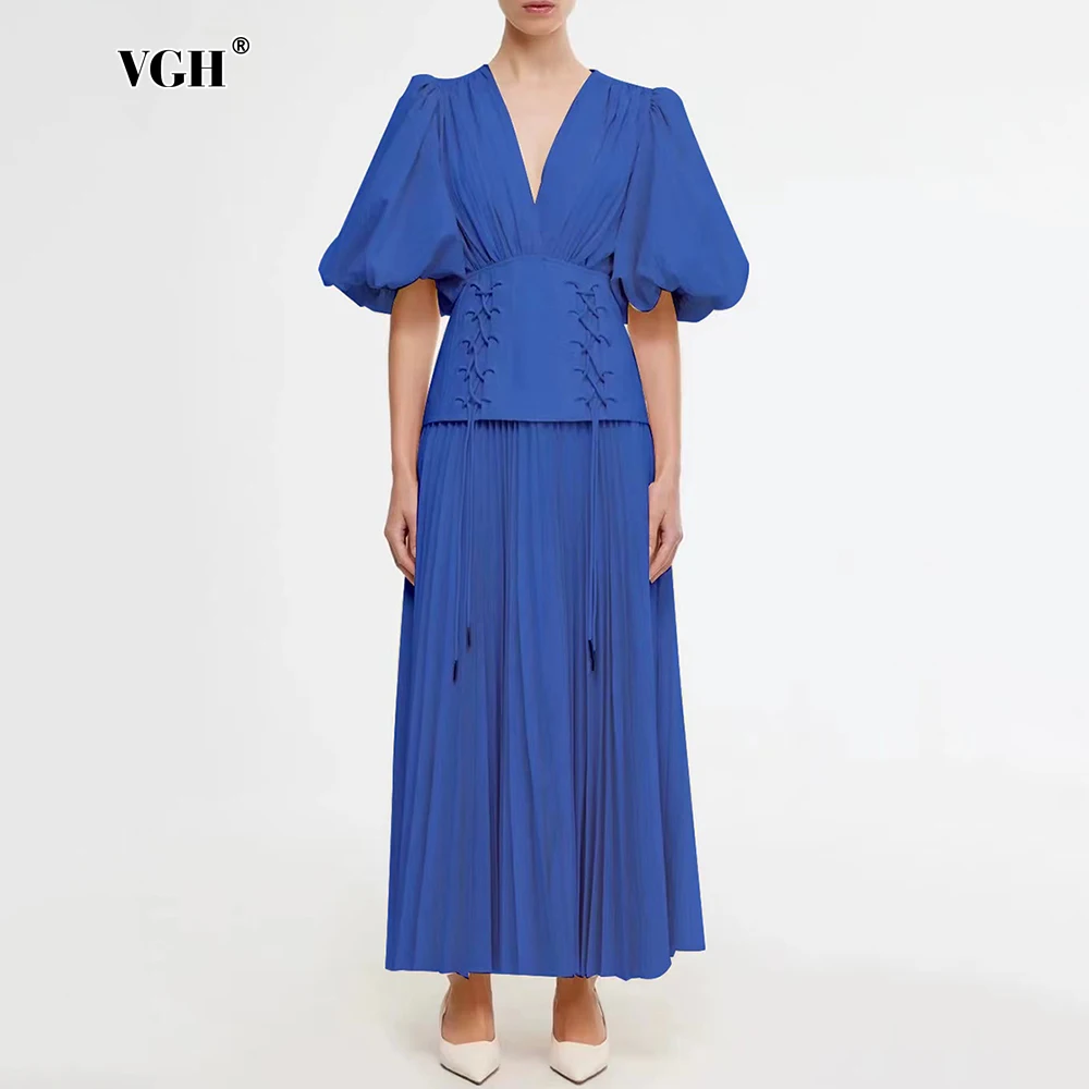 VGH Solid Spliced Lace Up Elegant Long Dresses For Women V Neck Puff Short Sleeve Temperament Slimming Dresses Female Fashion