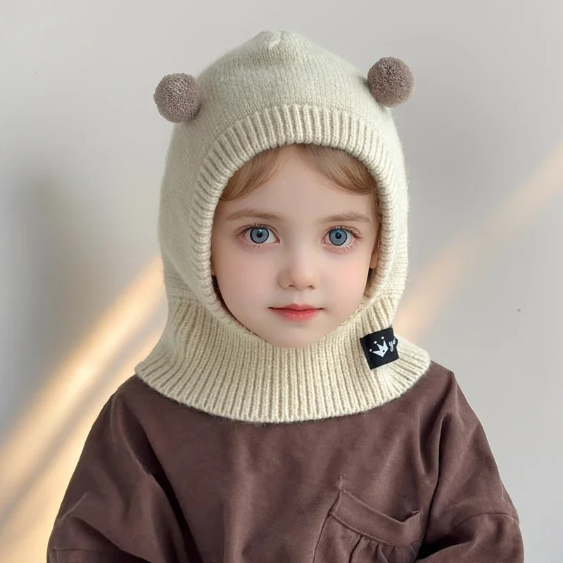 

Cute Baby Balaclava Hat Winter Warm Toddler Ear Protection Cap Scarf Cartoon Pompom Kids Boys Girls Knit One-piece Beanies