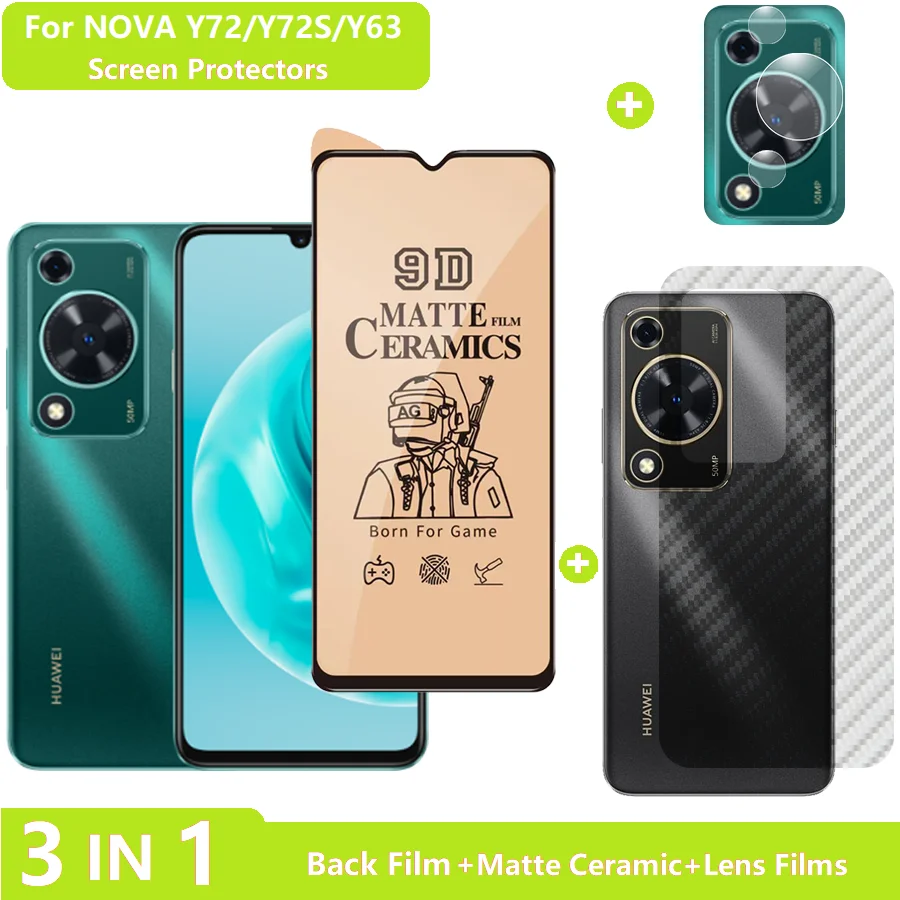 3-In-1 For Huawei Nova Y72S Tempered Glass Nova Y72 Screen Protector (Matte+Privacy Film)+Lens Protector+Back Film Nova Y63