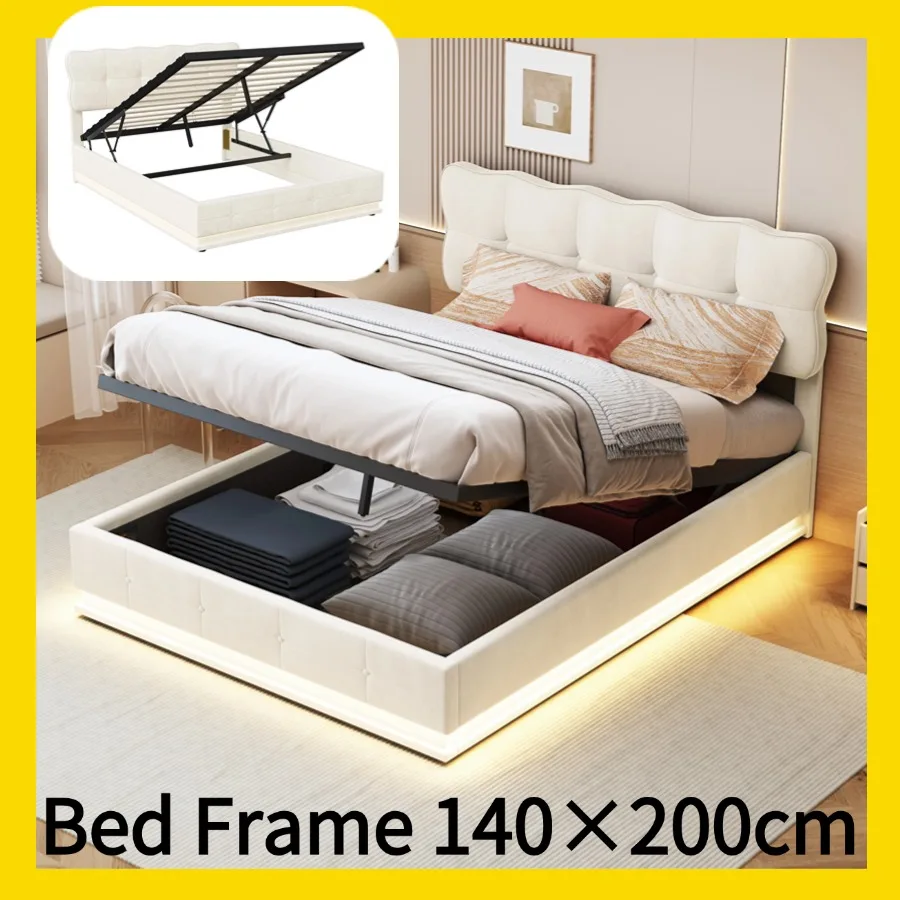 140cm × 200cm Samt Doppelbett rahmen, hydraulisches Bett mit Licht, Bett rahmen Königin, ohne
