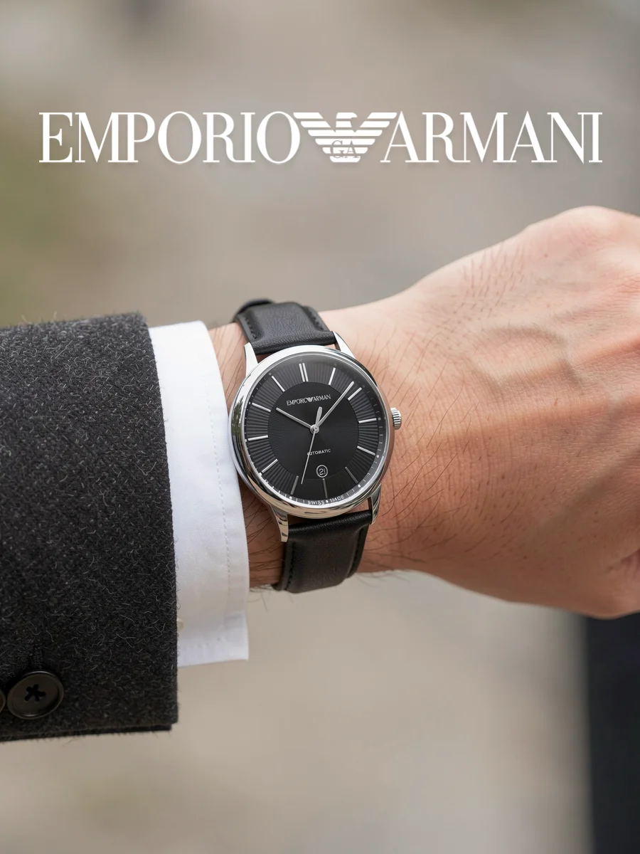 Emporio Armani ARS5100 Men's Automatic Watch Silver Case Black Leather Strap Black Sunburst Dial Date Business Formal Watch