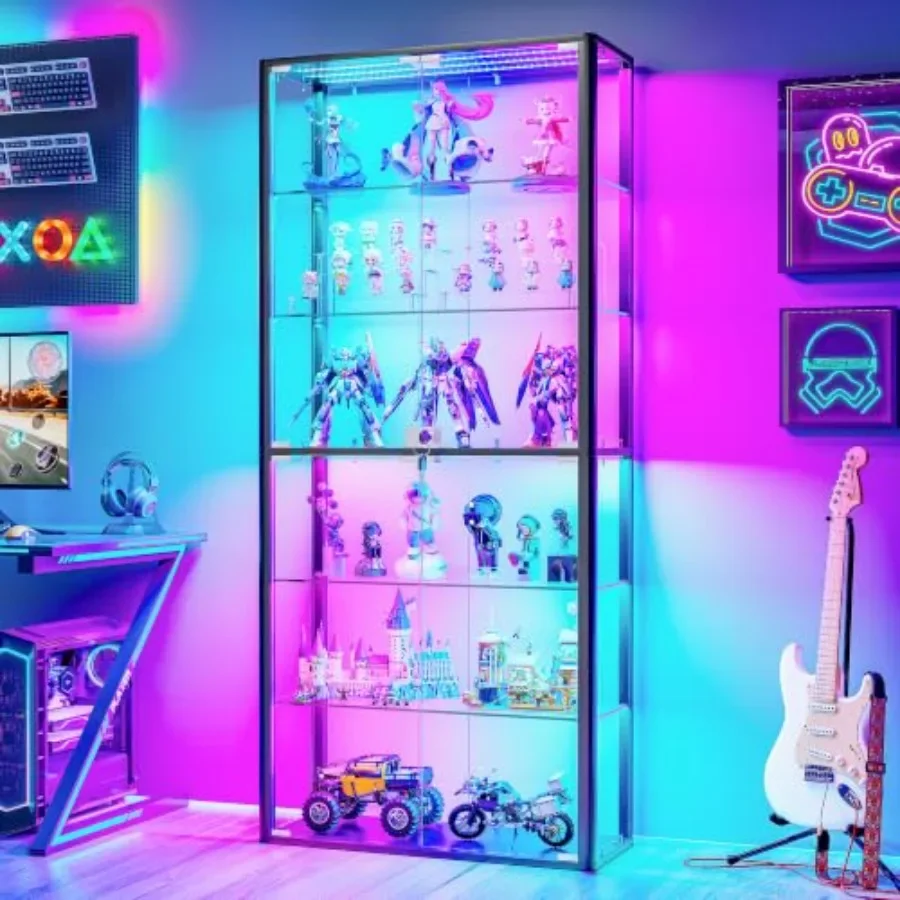 6-Tier RGB Glass Display Cabinet with Door for Living Room, Tempered Glass, Black, Adjustable Shelves and Locking Mechanism